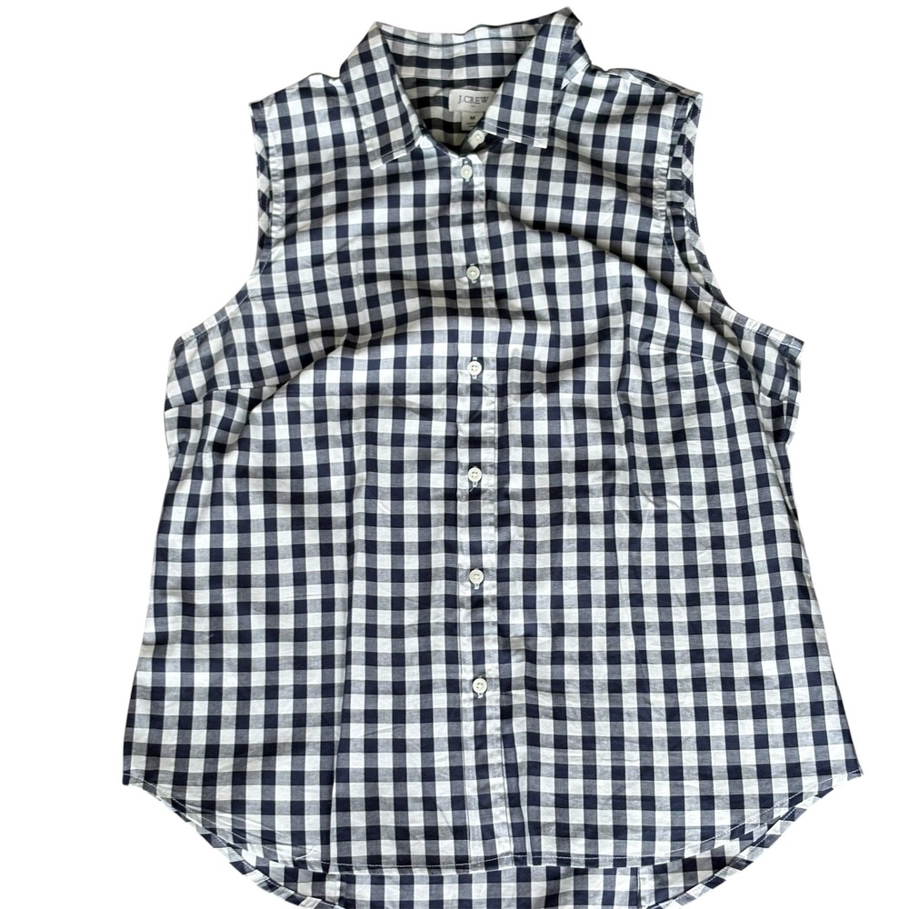 J.Crew Womens Navy Blue Gingham Sleeveless Button Down Shirt Size M Cotton Top